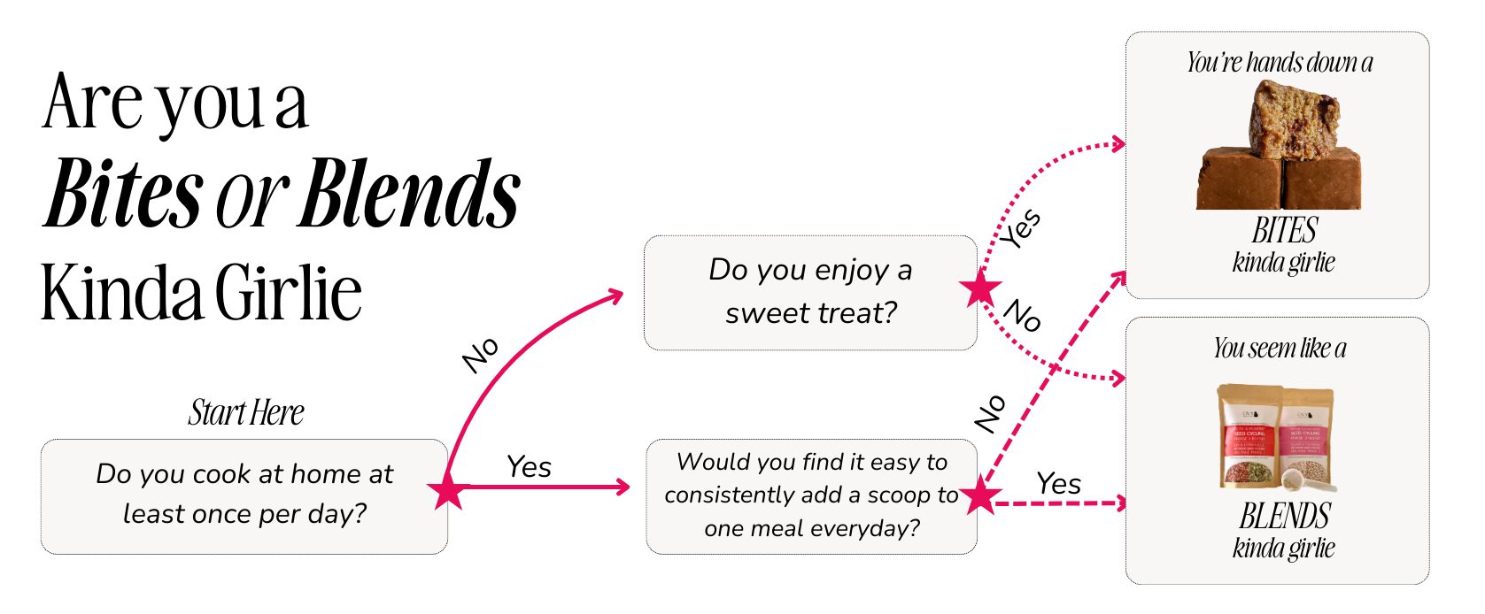 Decision-making chart titled 'Are you a Bites or Blends Kinda Girlie' with branching questions and product images.